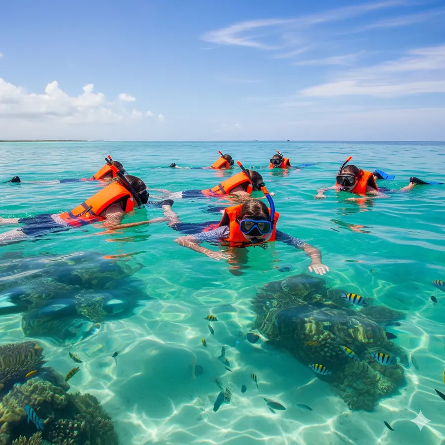 Grupo de personas explorando la Gran Barrera de Arrecife mientras hacen snorkel