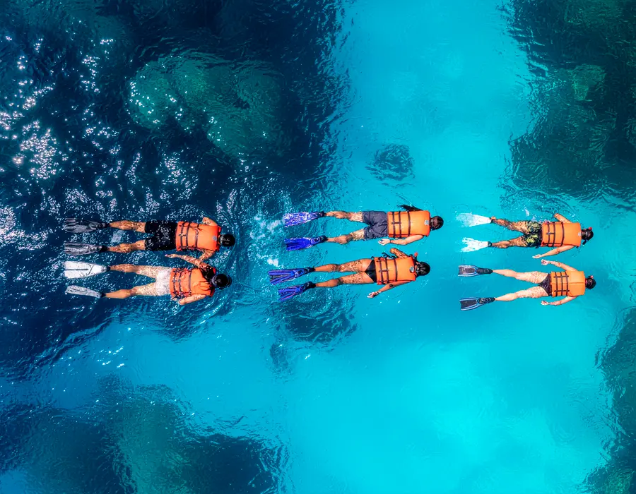 Grupo de personas haciendo snorkel en fila en el Gran Arrecife Maya
